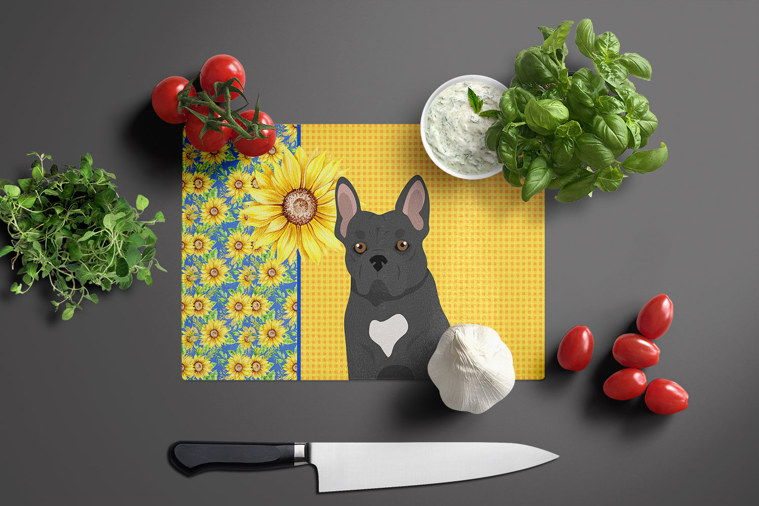 Summer Sunflowers Black French Bulldog Glass Cutting Board Large - the-store.com