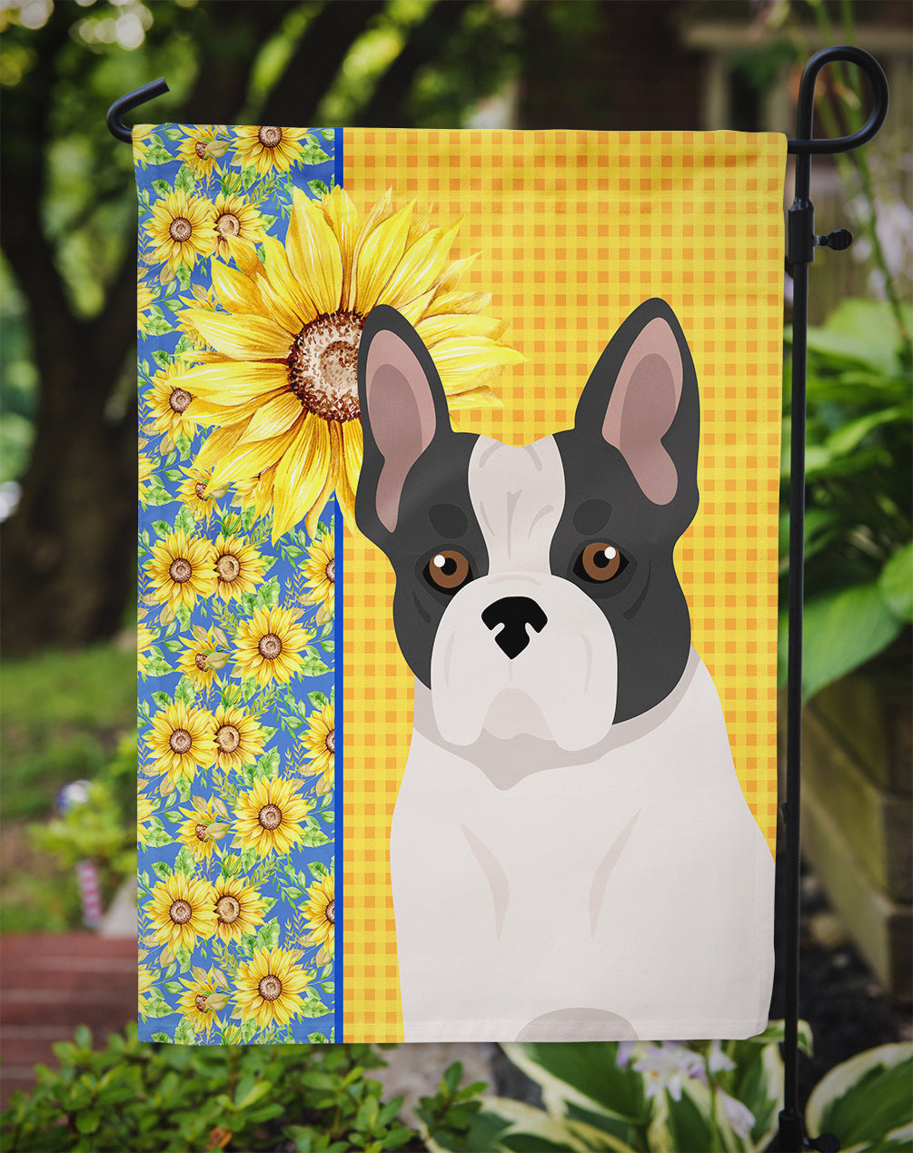 Summer Sunflowers Black and White French Bulldog Flag Garden Size  the-store.com.