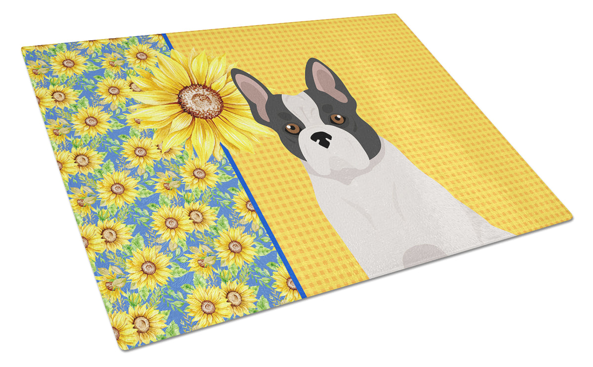 Buy this Summer Sunflowers Black and White French Bulldog Glass Cutting Board Large