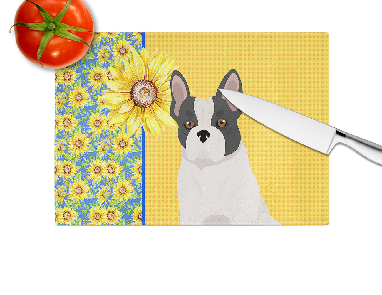 Summer Sunflowers Black and White French Bulldog Glass Cutting Board Large - the-store.com