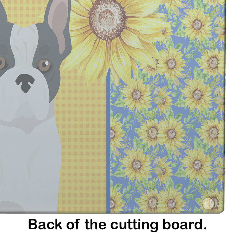Summer Sunflowers Black and White French Bulldog Glass Cutting Board Large - the-store.com