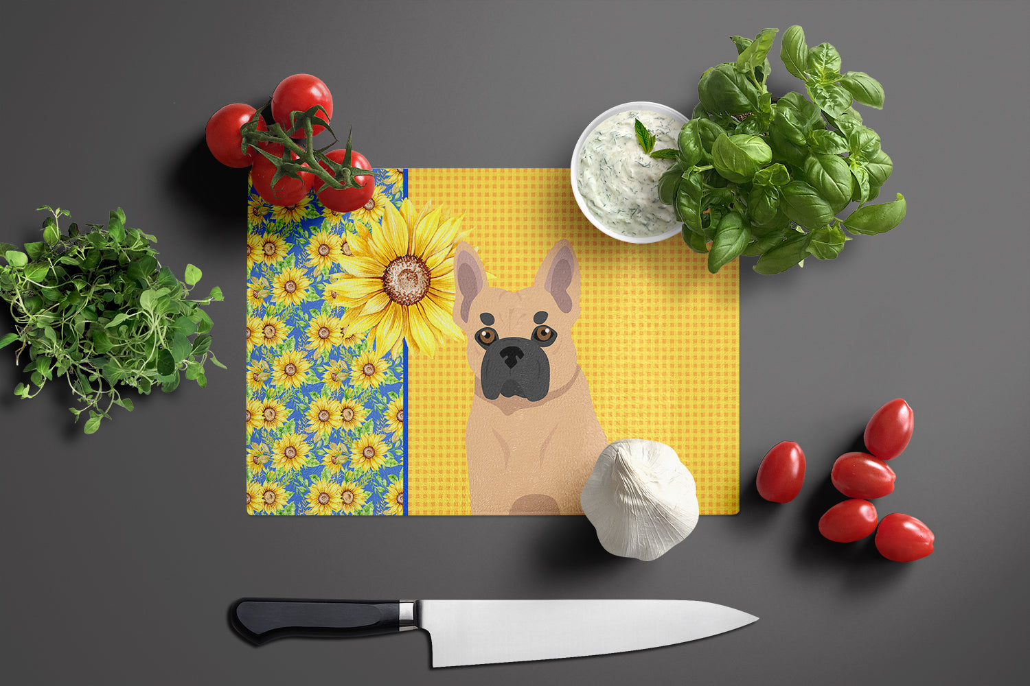 Summer Sunflowers Fawn French Bulldog Glass Cutting Board Large - the-store.com