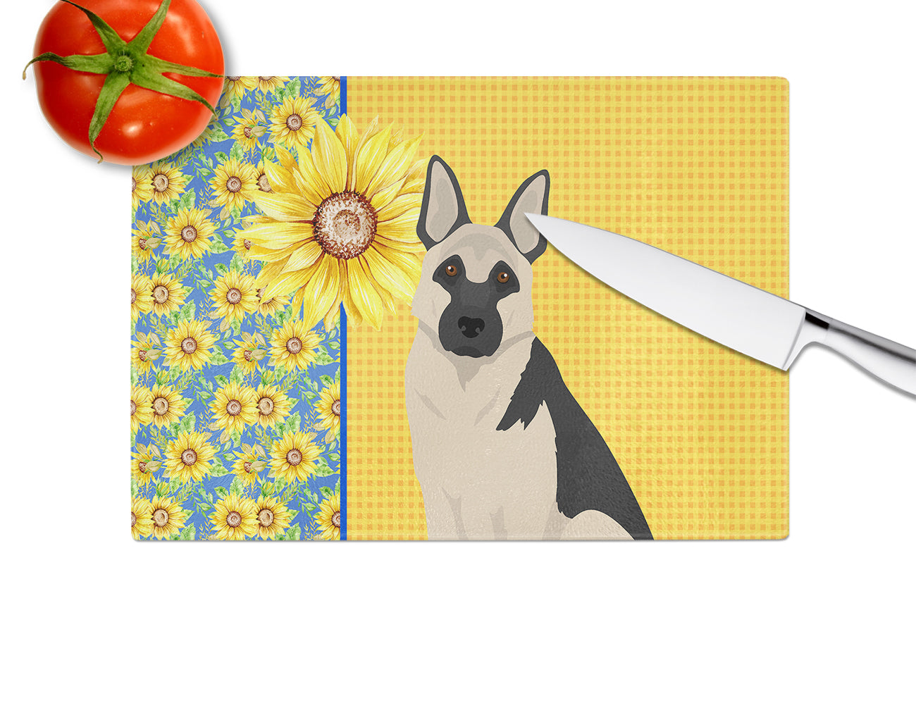 Summer Sunflowers Black and Silver German Shepherd Glass Cutting Board Large - the-store.com