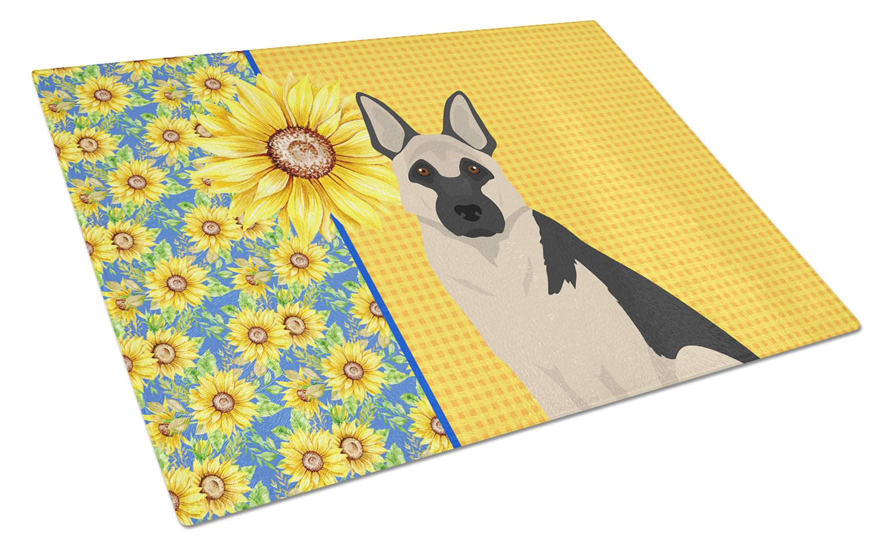 Buy this Summer Sunflowers Black and Silver German Shepherd Glass Cutting Board Large