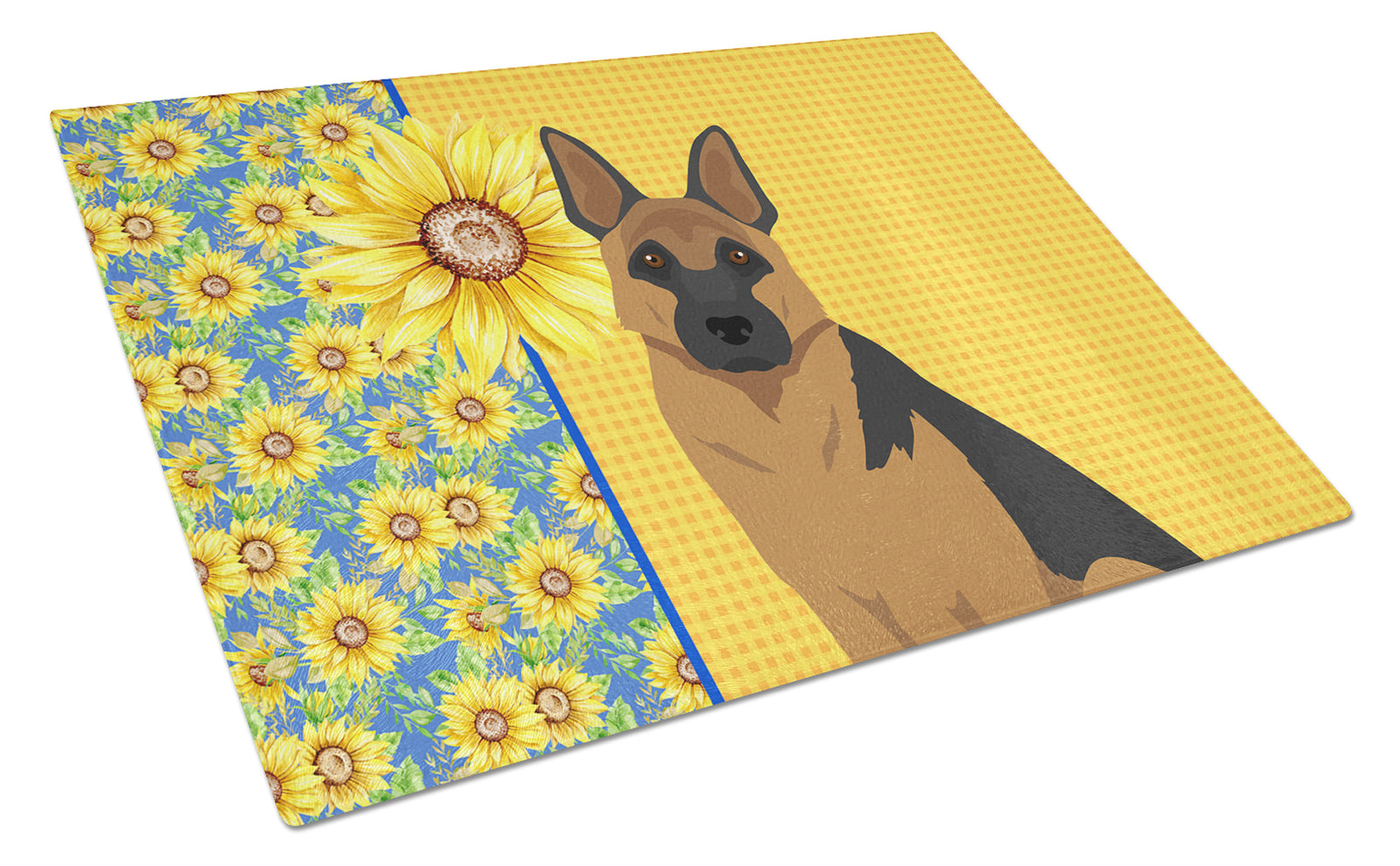 Buy this Summer Sunflowers Black and Tan German Shepherd Glass Cutting Board Large