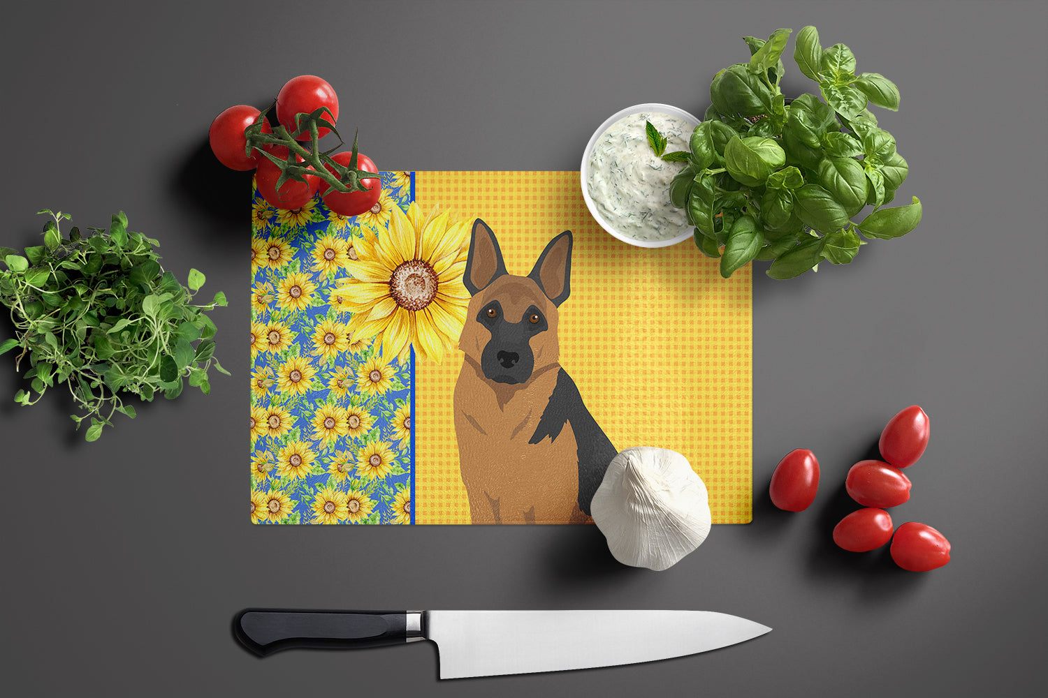 Summer Sunflowers Black and Tan German Shepherd Glass Cutting Board Large - the-store.com