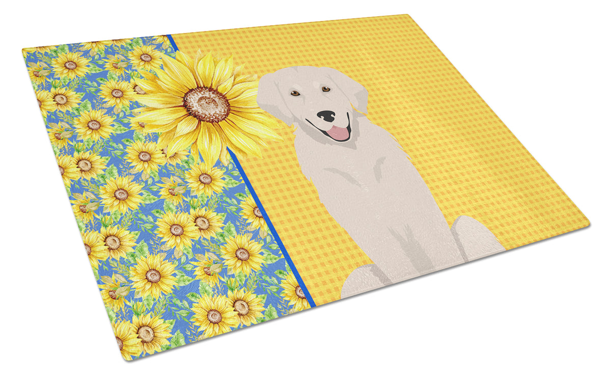 Buy this Summer Sunflowers Cream Golden Retriever Glass Cutting Board Large