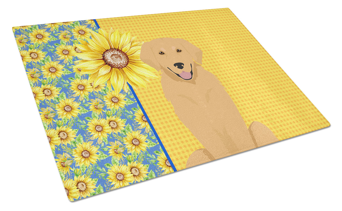 Buy this Summer Sunflowers Gold Golden Retriever Glass Cutting Board Large