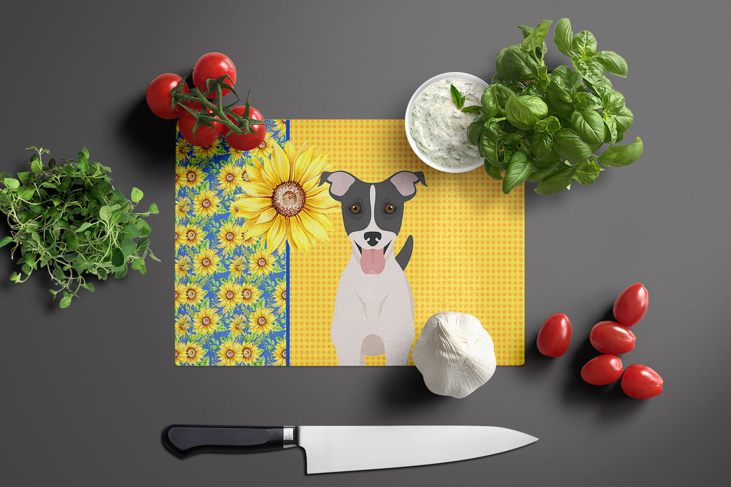 Summer Sunflowers Black White Smooth Jack Russell Terrier Glass Cutting Board Large - the-store.com