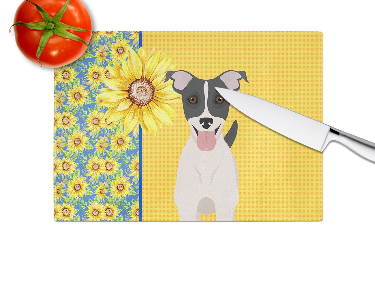 Summer Sunflowers Black White Smooth Jack Russell Terrier Glass Cutting Board Large - the-store.com