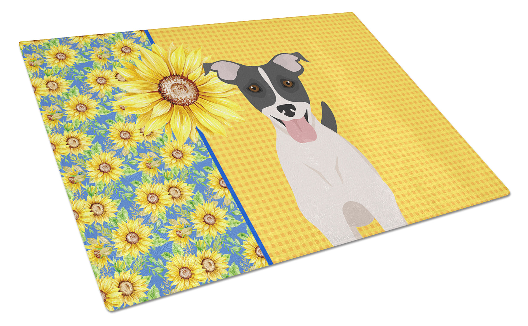 Buy this Summer Sunflowers Black White Smooth Jack Russell Terrier Glass Cutting Board Large