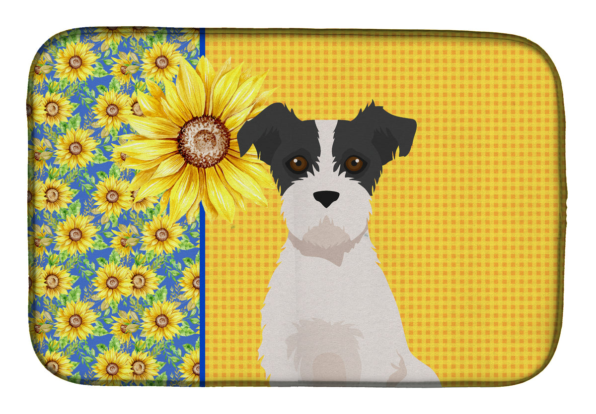 Summer Sunflowers Black White Wirehair Jack Russell Terrier Dish Drying Mat