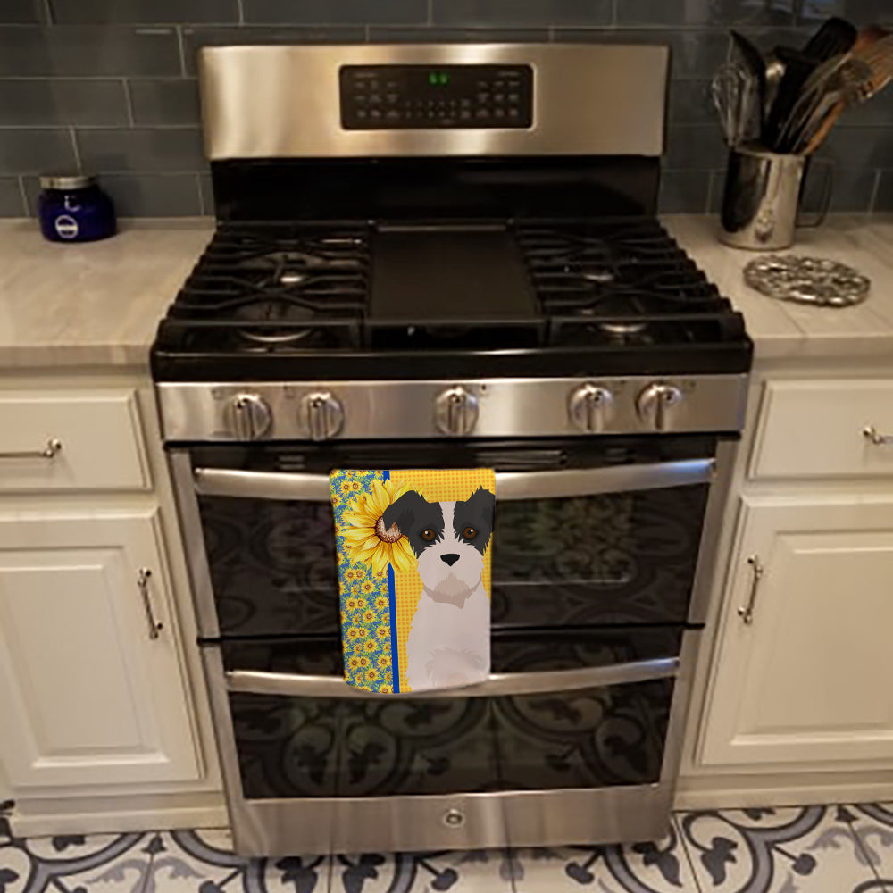 Summer Sunflowers Black White Wirehair Jack Russell Terrier Kitchen Towel - the-store.com