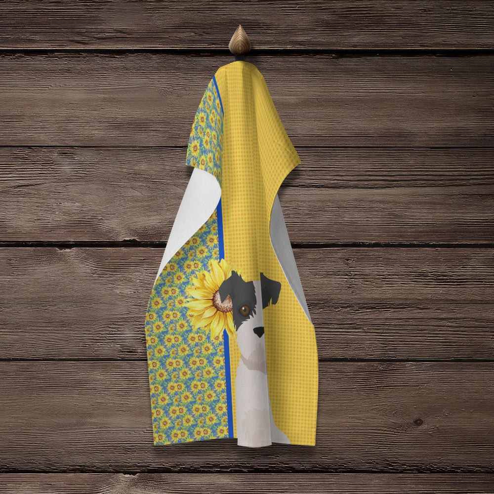 Summer Sunflowers Black White Wirehair Jack Russell Terrier Kitchen Towel - the-store.com