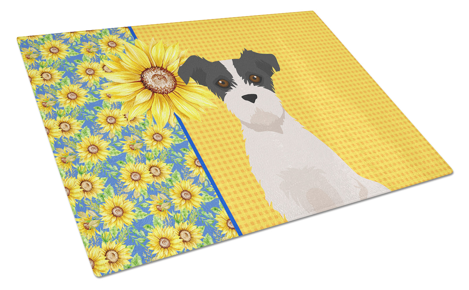 Buy this Summer Sunflowers Black White Wirehair Jack Russell Terrier Glass Cutting Board Large
