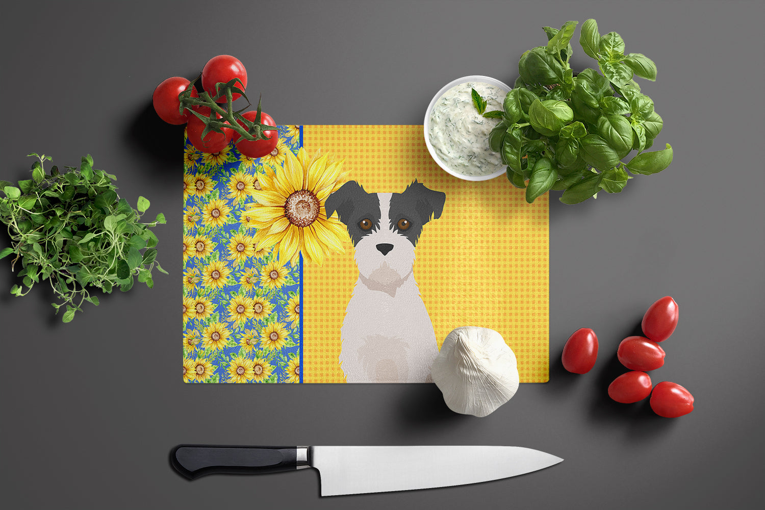 Summer Sunflowers Black White Wirehair Jack Russell Terrier Glass Cutting Board Large - the-store.com