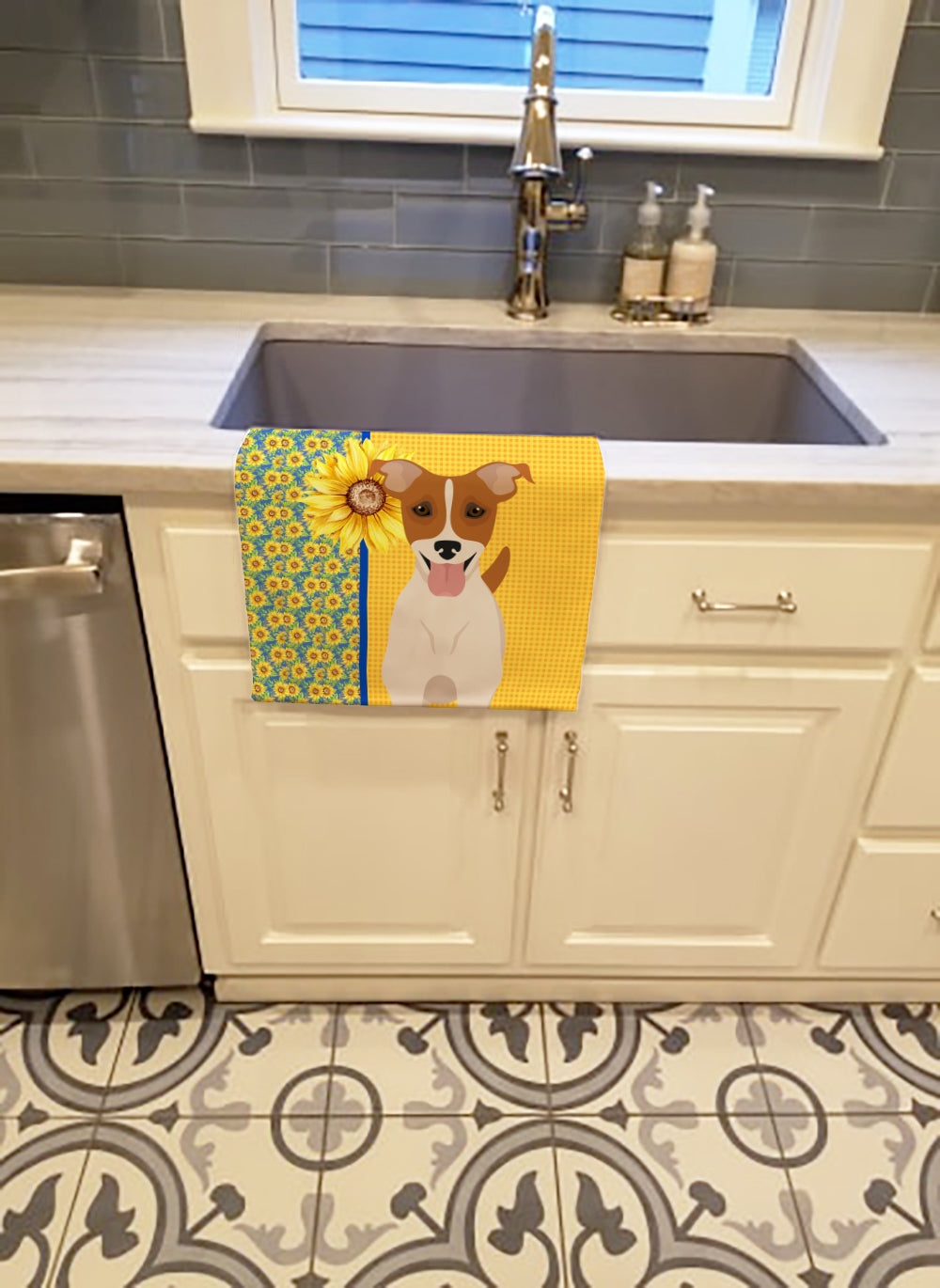Summer Sunflowers Brown White Smooth Jack Russell Terrier Kitchen Towel - the-store.com