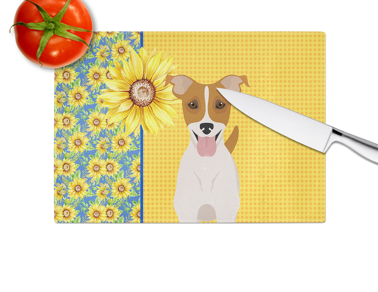 Summer Sunflowers Brown White Smooth Jack Russell Terrier Glass Cutting Board Large - the-store.com