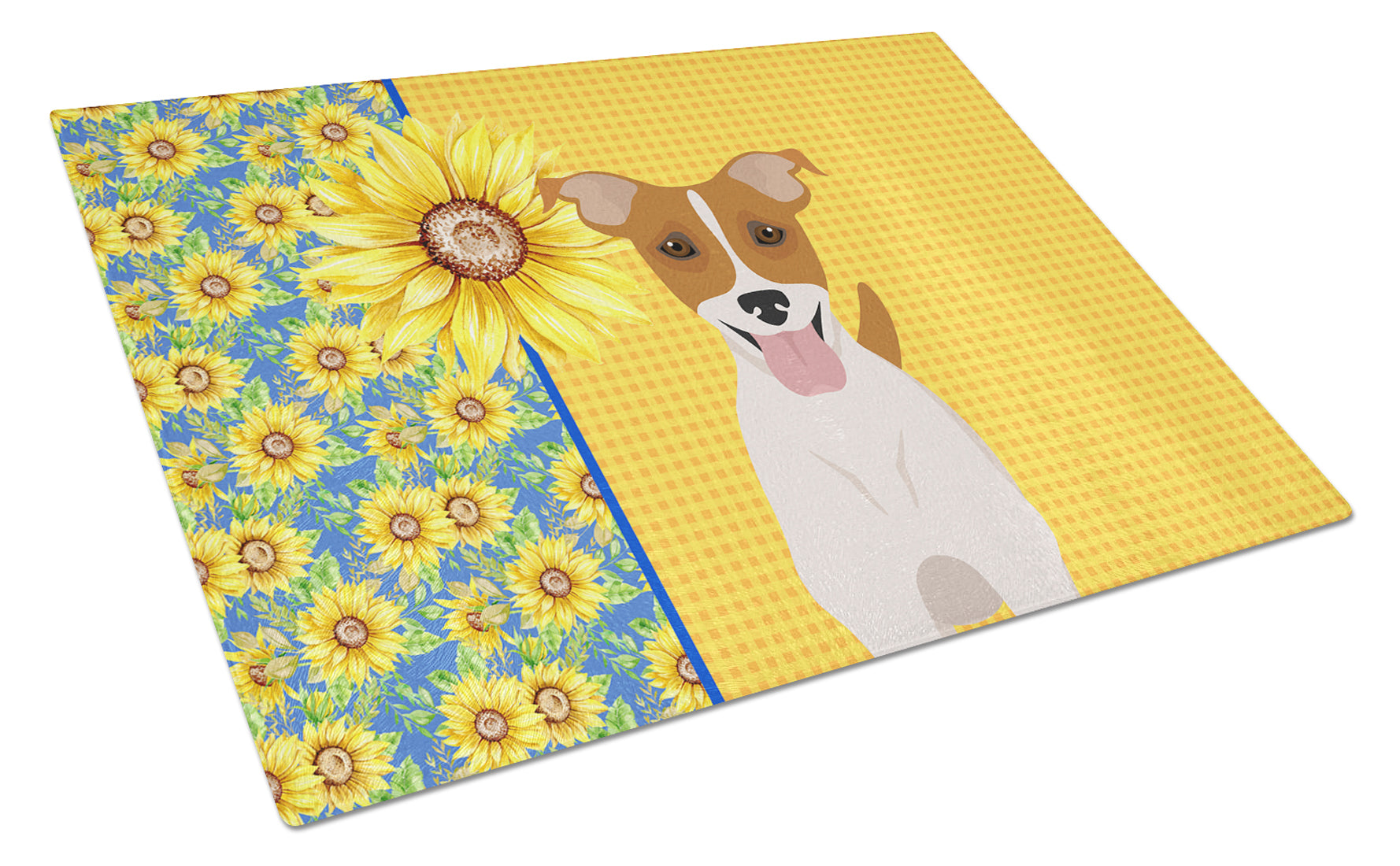 Buy this Summer Sunflowers Brown White Smooth Jack Russell Terrier Glass Cutting Board Large