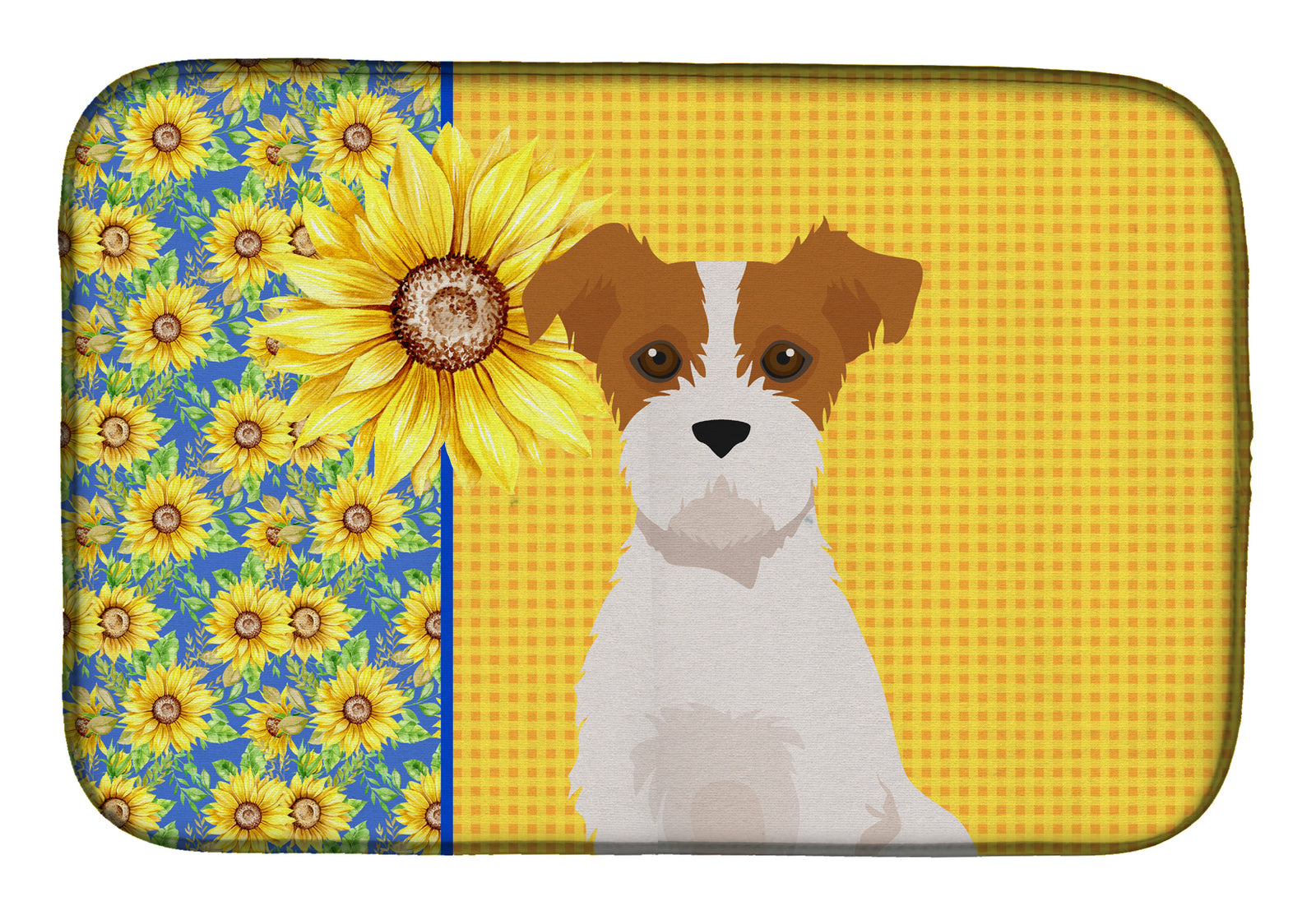 Summer Sunflowers Brown White Wirehair Jack Russell Terrier Dish Drying Mat