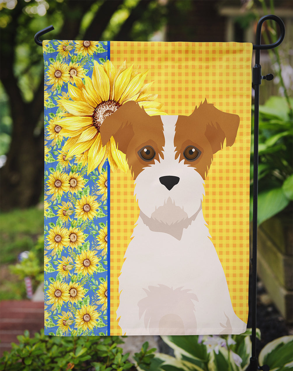 Summer Sunflowers Brown White Wirehair Jack Russell Terrier Flag Garden Size