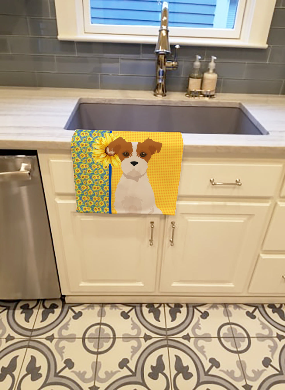 Summer Sunflowers Brown White Wirehair Jack Russell Terrier Kitchen Towel - the-store.com