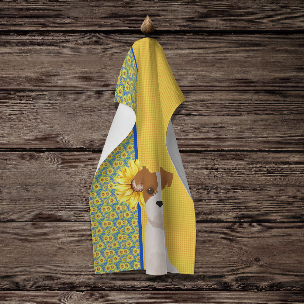 Summer Sunflowers Brown White Wirehair Jack Russell Terrier Kitchen Towel - the-store.com