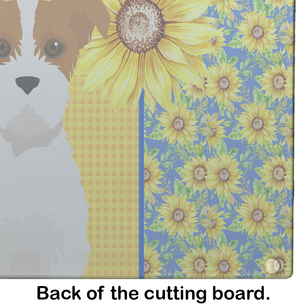 Summer Sunflowers Brown White Wirehair Jack Russell Terrier Glass Cutting Board Large - the-store.com