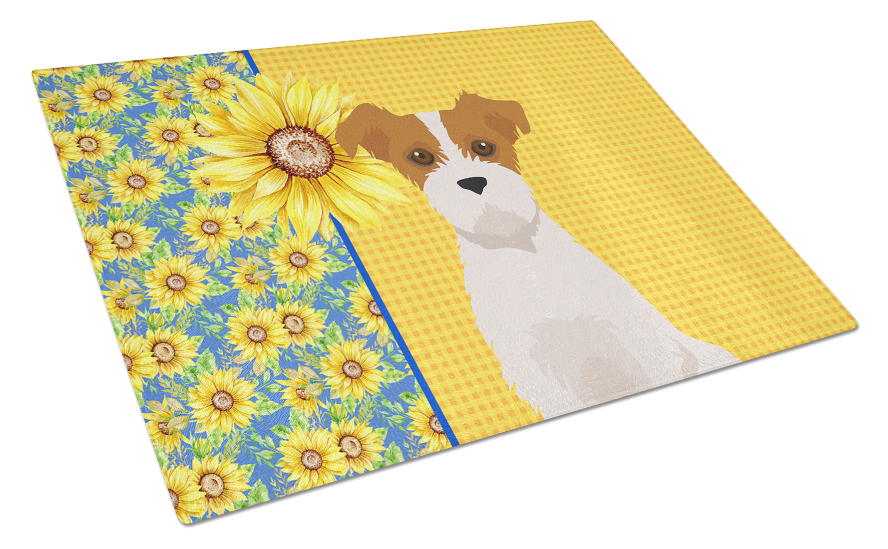 Buy this Summer Sunflowers Brown White Wirehair Jack Russell Terrier Glass Cutting Board Large