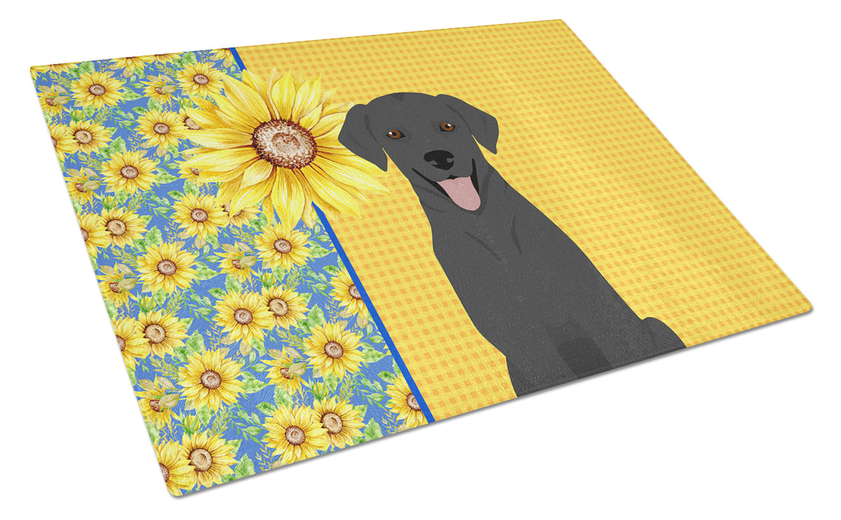 Buy this Summer Sunflowers Black Labrador Retriever Glass Cutting Board Large