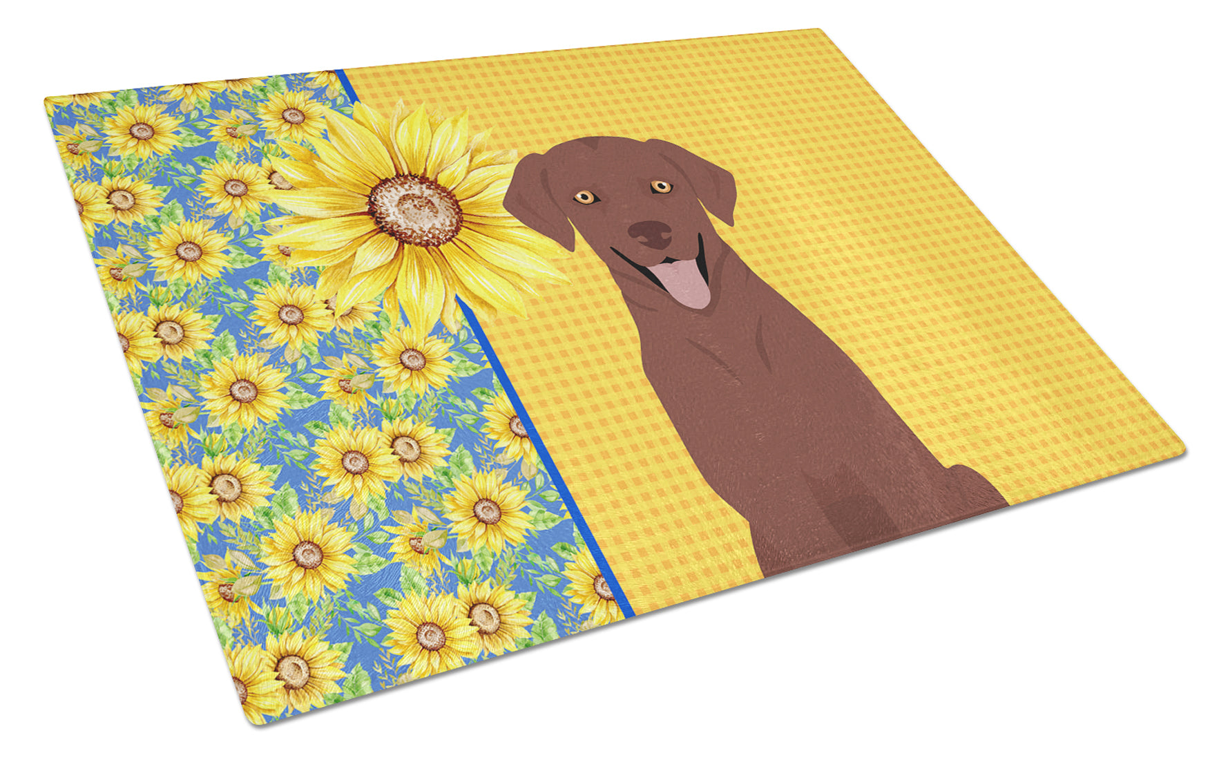 Buy this Summer Sunflowers Chocolate Labrador Retriever Glass Cutting Board Large