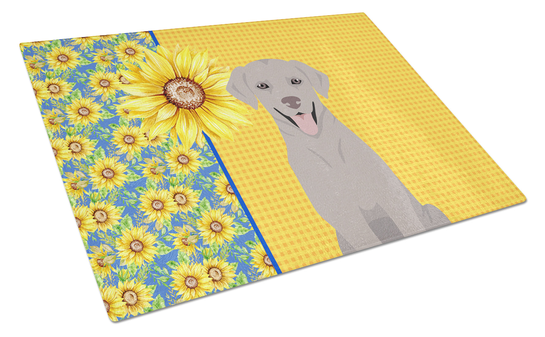 Buy this Summer Sunflowers Gray Labrador Retriever Glass Cutting Board Large