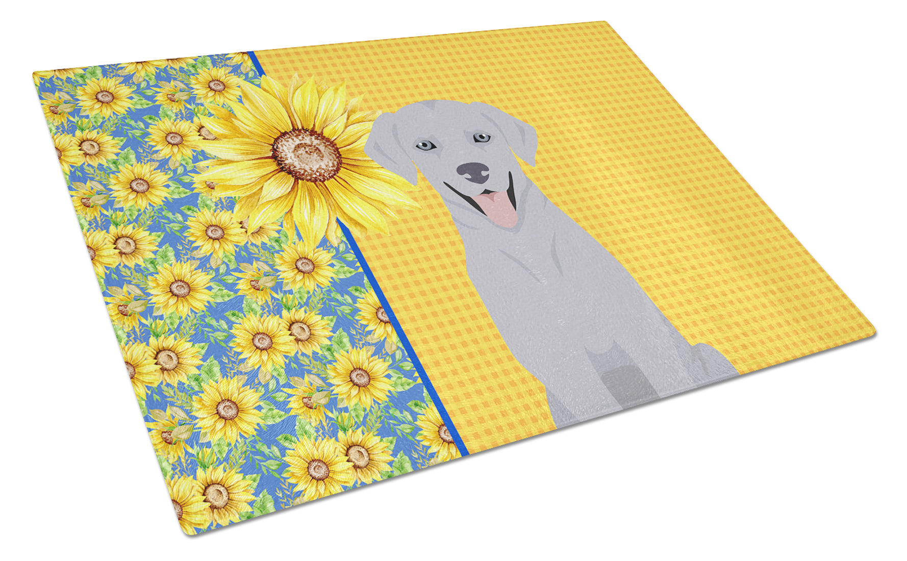Buy this Summer Sunflowers Silver Labrador Retriever Glass Cutting Board Large
