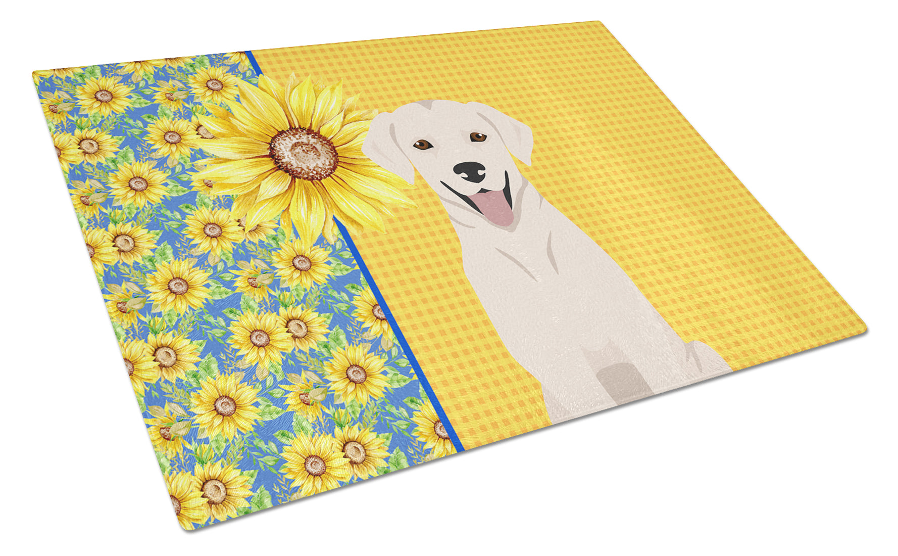 Buy this Summer Sunflowers White Cream Labrador Retriever Glass Cutting Board Large