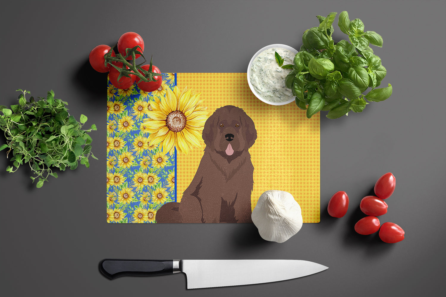 Summer Sunflowers Brown Newfoundland Glass Cutting Board Large - the-store.com