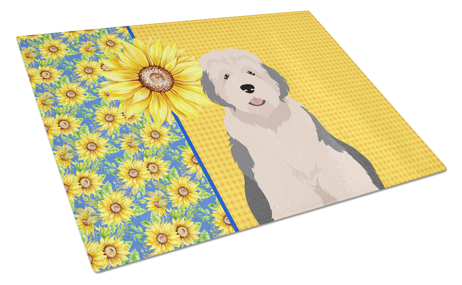 Buy this Summer Sunflowers Old English Sheepdog Glass Cutting Board Large