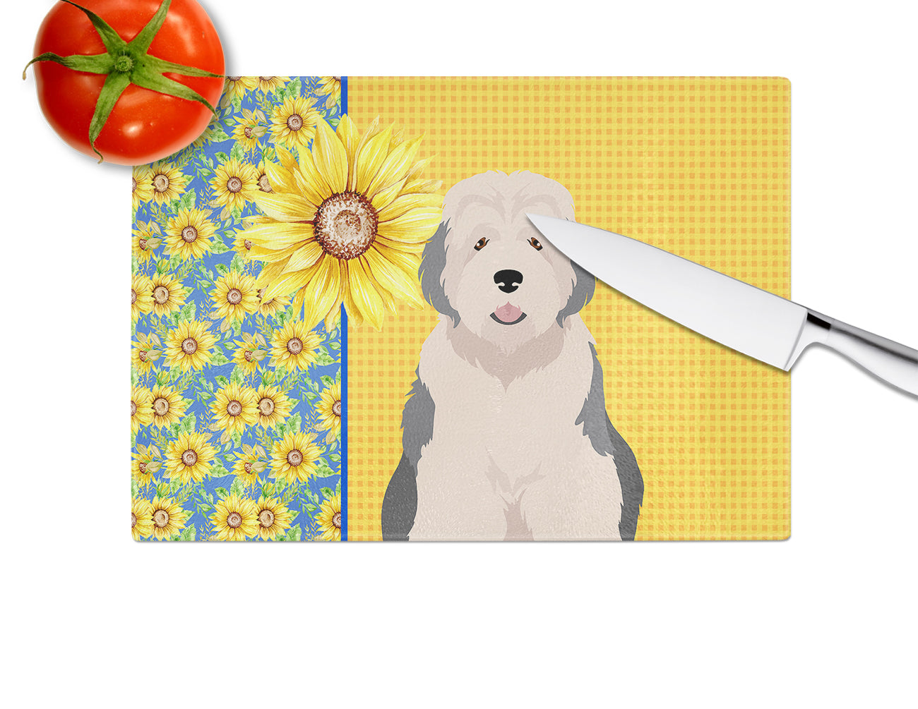 Summer Sunflowers Old English Sheepdog Glass Cutting Board Large - the-store.com