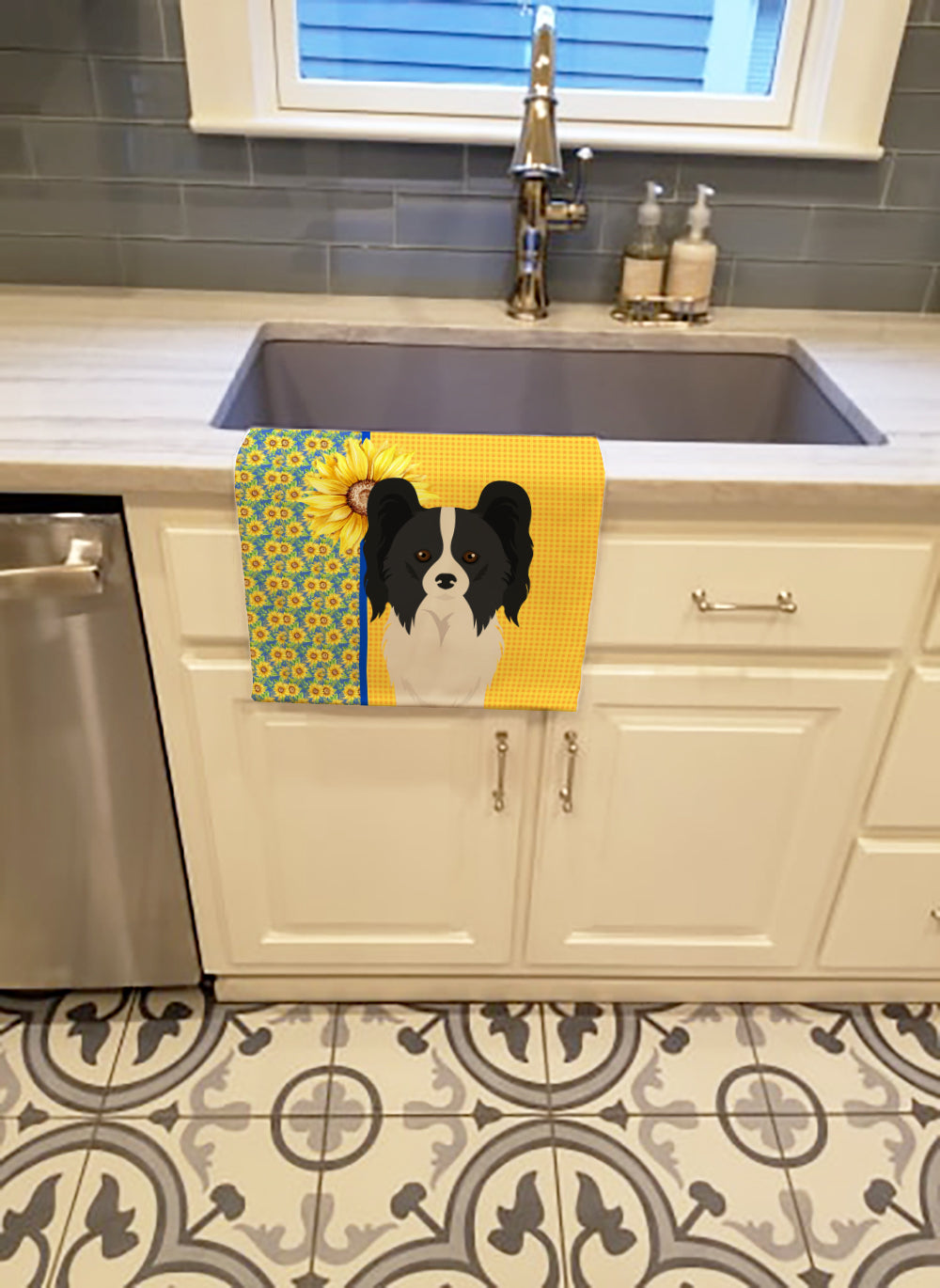 Summer Sunflowers Black and White Papillon Kitchen Towel - the-store.com