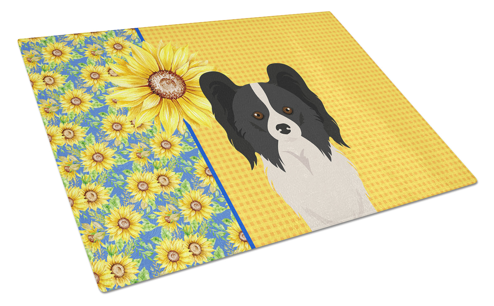 Buy this Summer Sunflowers Black and White Papillon Glass Cutting Board Large