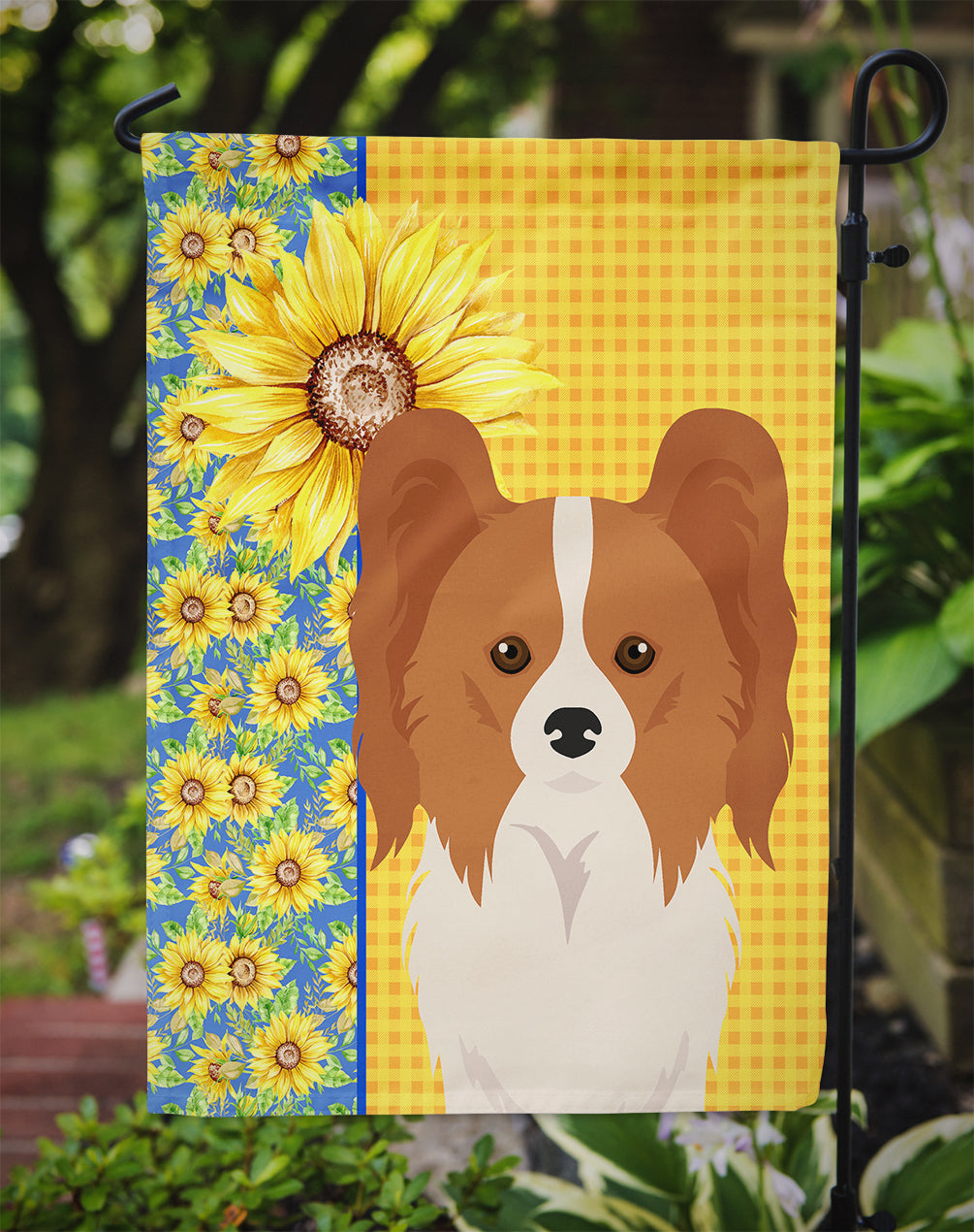 Summer Sunflowers Red and White Papillon Flag Garden Size  the-store.com.