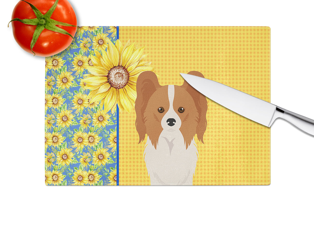 Summer Sunflowers Red and White Papillon Glass Cutting Board Large - the-store.com
