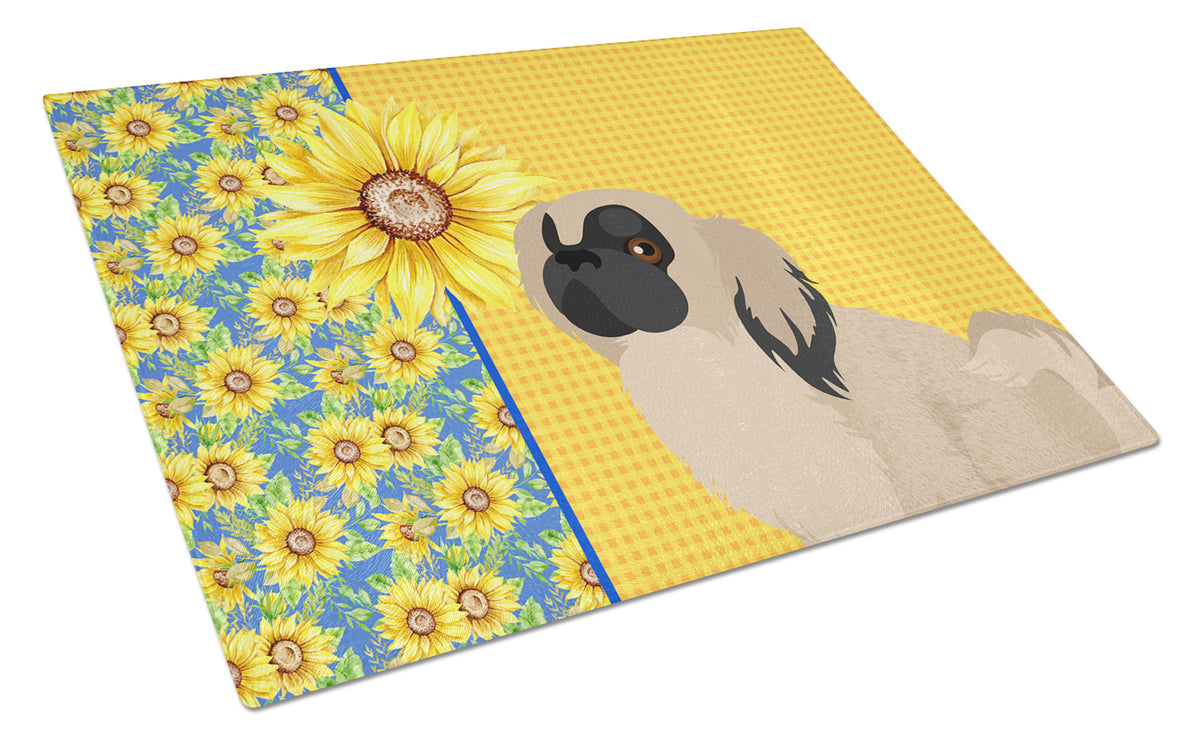 Buy this Summer Sunflowers Cream Pekingese Glass Cutting Board Large
