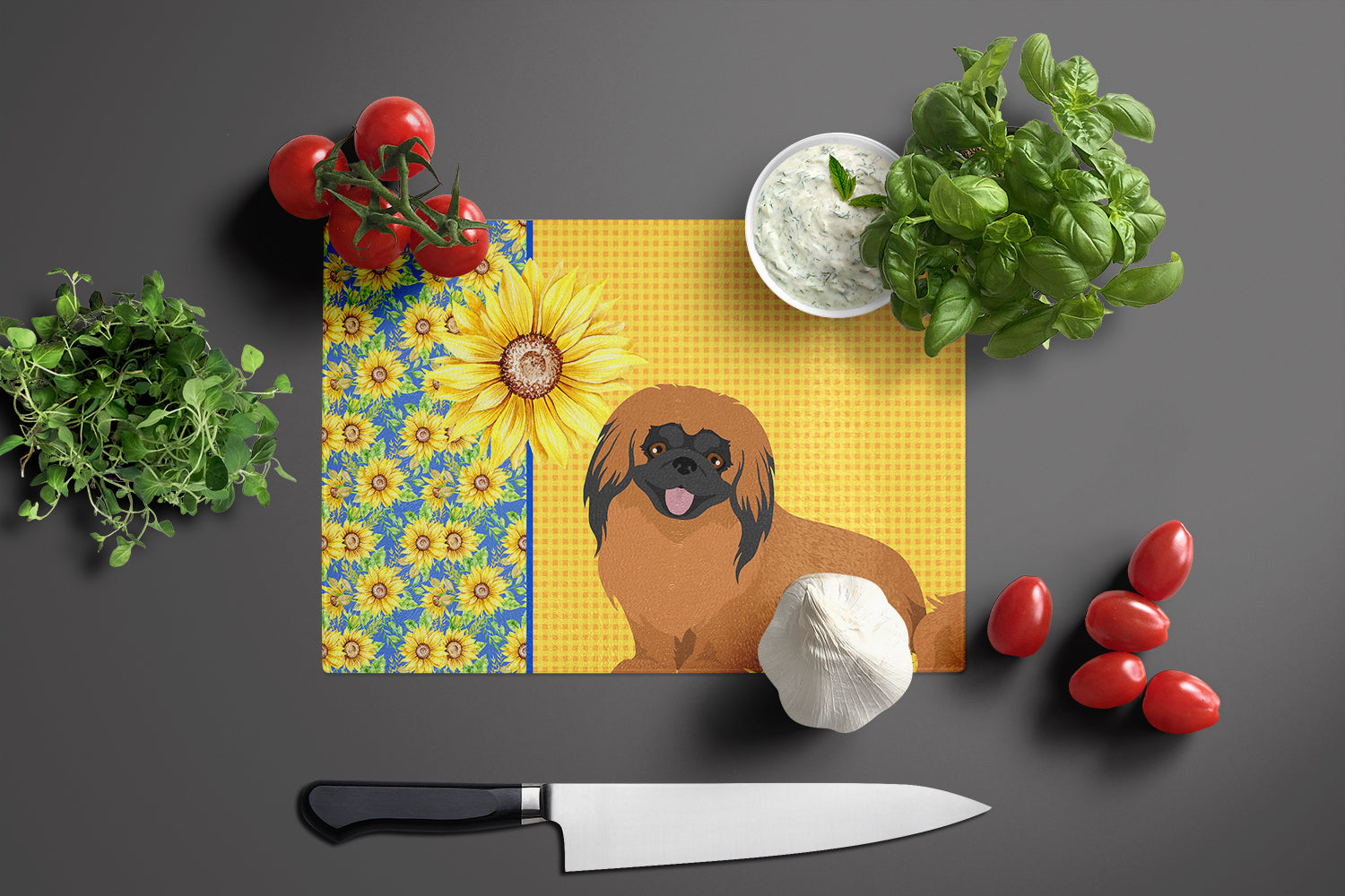 Summer Sunflowers Red Pekingese Glass Cutting Board Large - the-store.com