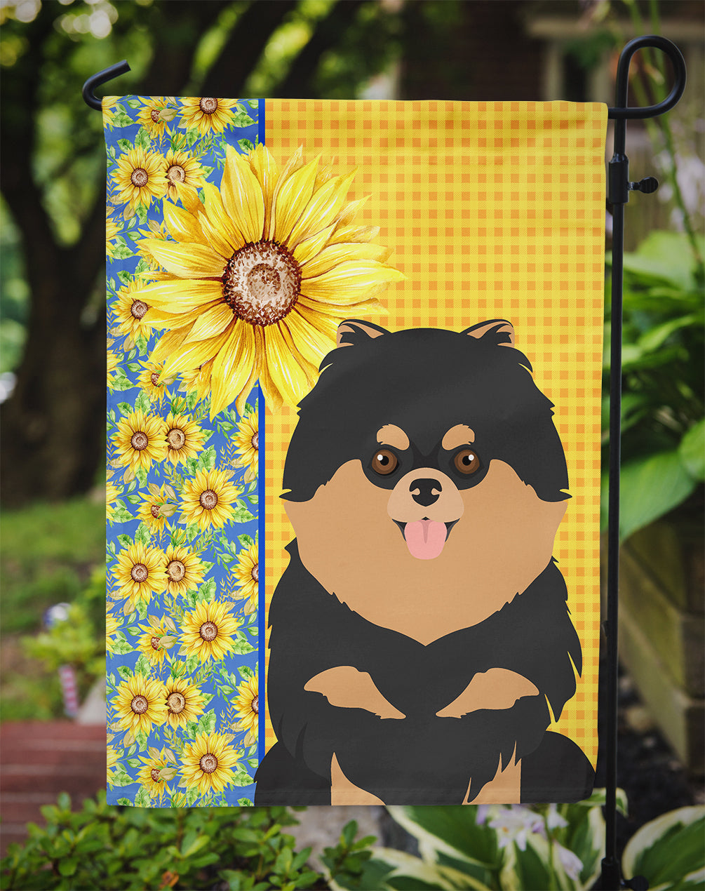Summer Sunflowers Black and Tan Pomeranian Flag Garden Size