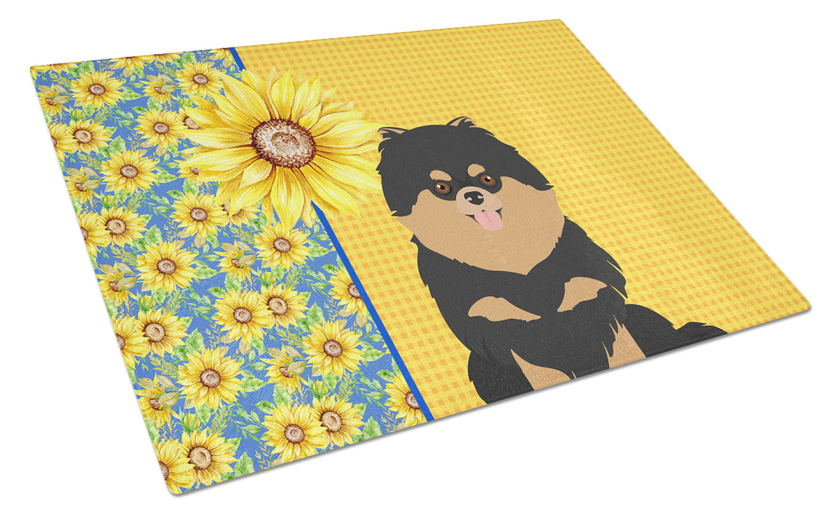 Buy this Summer Sunflowers Black and Tan Pomeranian Glass Cutting Board Large