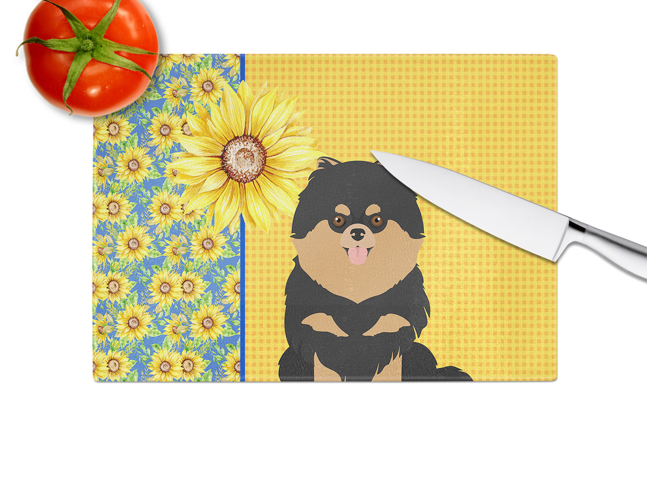 Summer Sunflowers Black and Tan Pomeranian Glass Cutting Board Large - the-store.com