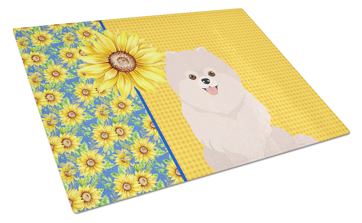 Buy this Summer Sunflowers White Pomeranian Glass Cutting Board Large