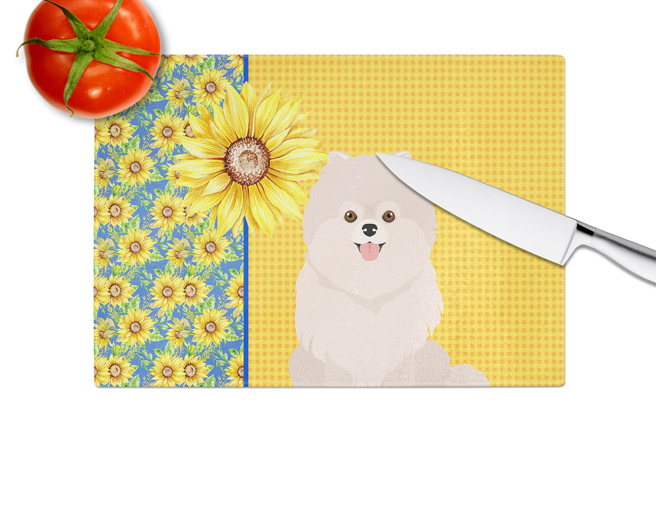 Summer Sunflowers White Pomeranian Glass Cutting Board Large - the-store.com
