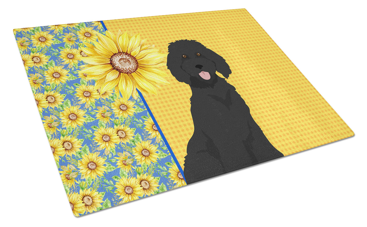 Buy this Summer Sunflowers Standard Black Poodle Glass Cutting Board Large