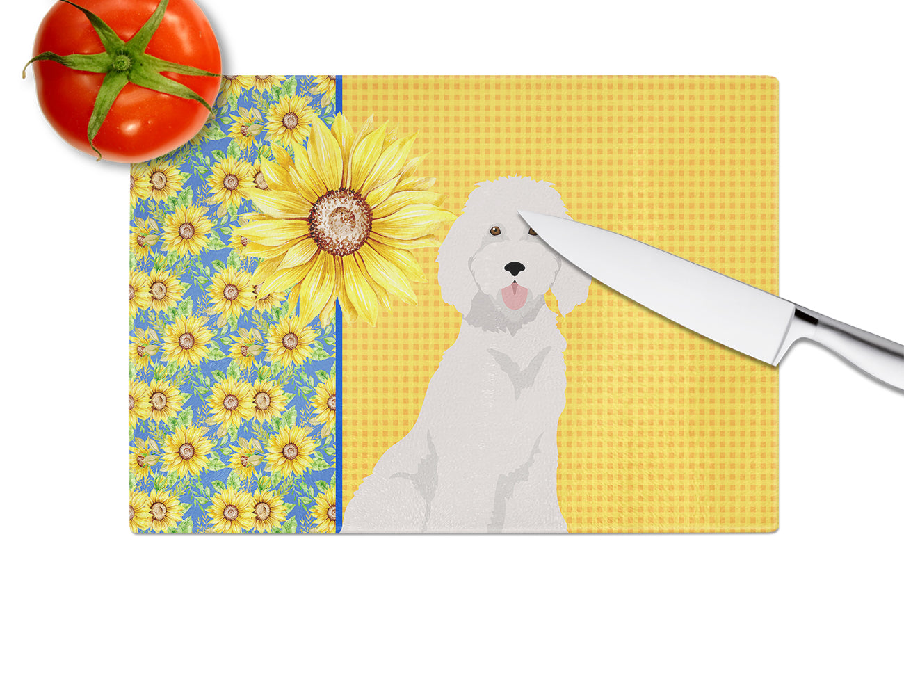 Summer Sunflowers Standard White Poodle Glass Cutting Board Large - the-store.com